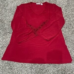 New Susan Graver Red V-Neck Lace Trim Sleeve Tunic Top M